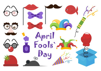 Set of props for April Fools' Day. Festive elements isolated on white background. Vector illustration