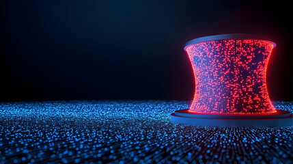 Glowing data cylinder on particle field; futuristic technology concept; dark background; ideal for tech websites and presentations