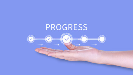 Progress concept, touching to tick correct mark in checklist with progressive loading status remind...