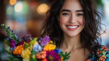 Naklejka premium Close-up portrait of a confident woman smiling, holding a colorful floral arrangement, wearing a designer dress, celebrating women's achievements on International Women's Day, bokeh background.