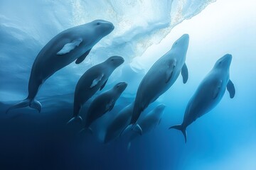 Fototapeta premium A pod of beluga whales swimming gracefully beneath the icy surface of the Arctic Ocean