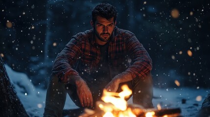 Man warming himself by a campfire in the snow