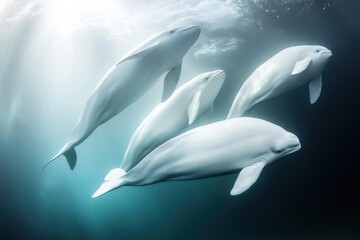 Fototapeta premium A pod of beluga whales swimming gracefully beneath the icy surface of the Arctic Ocean