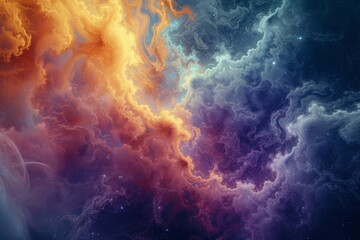 Fototapeta premium Fractal patterns brightly emerge from a cosmic fog, creating an ethereal atmosphere filled with vibrant colors and intricate designs in a vast universe during a mystical twilight