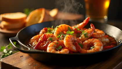 Traditional Spanish Gambas al Ajillo with Garlic Olive Oil and Parsley