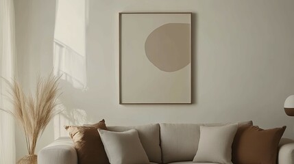 Abstract Beige and Taupe Minimalist Art Print in Modern Living Room