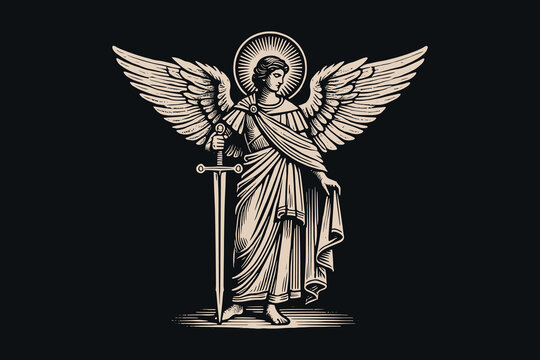 Vintage black and white engraving of Archangel Michael with a sword	