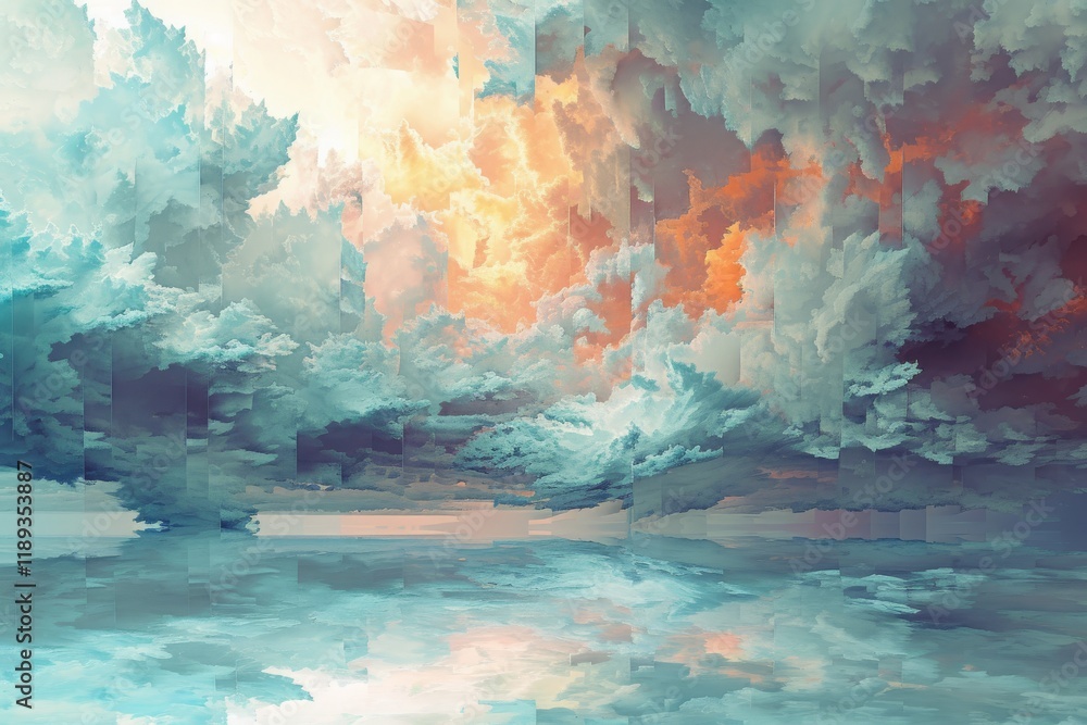 Aufkleber surreal landscape where pixelated clouds transform into vivid forms at twilight, reflecting oranges 
