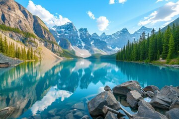 Fototapeta premium Breathtaking panorama of Moraine Lake in Banff National Park Alberta showcasing stunning reflections and vibrant nature on a sunny day