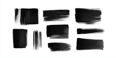 Collection of hand-drawn black paint strokes. Abstract artistic design elements. Square, rectangular shapes for text. Modern graphic resource for creative design. Ideal for backgrounds, decorations.