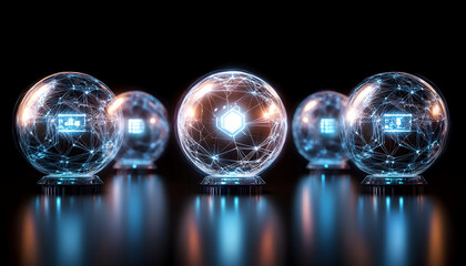Glowing network spheres predicting future trends, dark background; for tech, finance, or prediction concepts