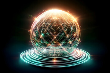Glowing network sphere on platform, abstract technology concept, digital connection, global network visualization, ideal for tech websites and presentations