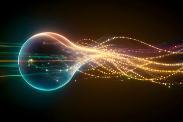 Obraz premium Glowing orb emitting energy streams, abstract digital art, dark background, illustrating data flow or innovation. Ideal for tech or science concepts