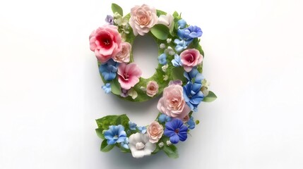 Floral number nine, pink, blue, white flowers.