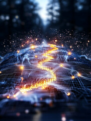Glowing path through digital landscape, futuristic road, technology,  abstract background, for tech presentations
