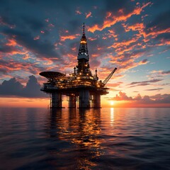Offshore Oil Rig at Sunset with Reflections in the Water