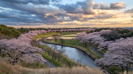 Obraz premium River, cherry blossoms, sunset, park, Japan, spring landscape, nature photography