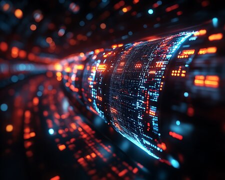 Futuristic data stream flowing through a digital tunnel.
