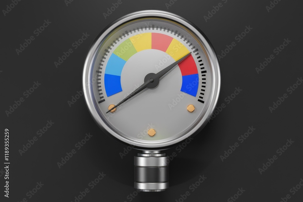 Poster a metallic gauge with a color-coded needle indicating a measurement or level.