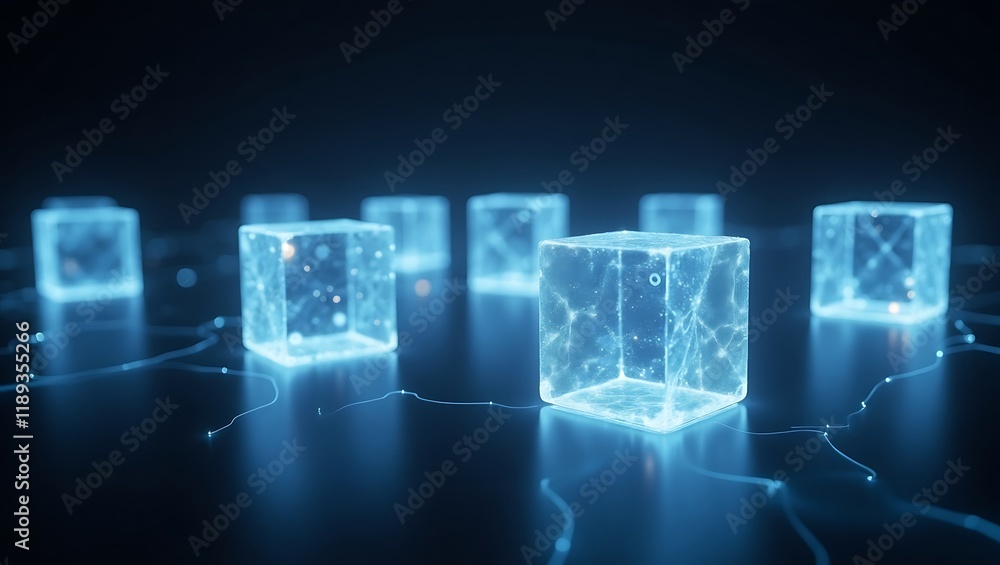 Poster abstract 3d glowing holographic cube background. generative ai.