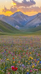 Fototapeta premium Vibrant Wildflower Meadow at Sunset in Mountainous Landscape Surrounded by Nature's Beauty