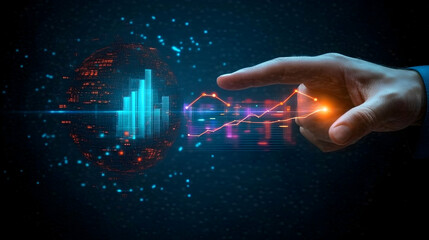 Hand interacting with global financial data, growth chart, dark background, for business and technology presentations