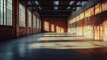 Sunlit Industrial Brick Warehouse: A Serene, Modern Photograph