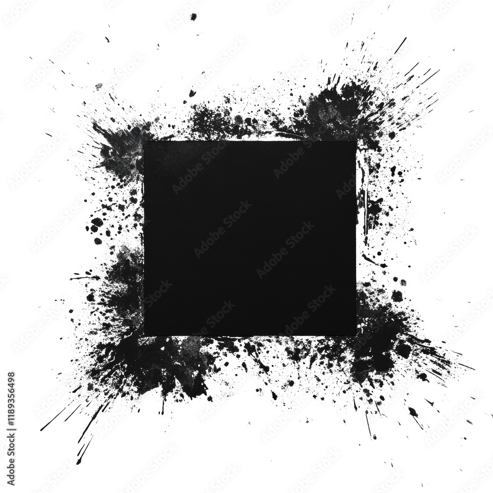 Poster an abstract image featuring a black square surrounded by a chaotic explosion of white ink splashes o