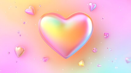 Iridescent Hearts Floating on Pastel Background