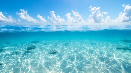 Obraz premium Stunning Photo: Crystal-Clear Ocean Meets Azure Sky, Wide Shot. AI Generated