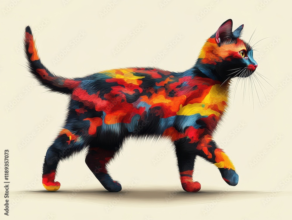 Aufkleber a colorful, abstract representation of a walking cat with vibrant patterns.