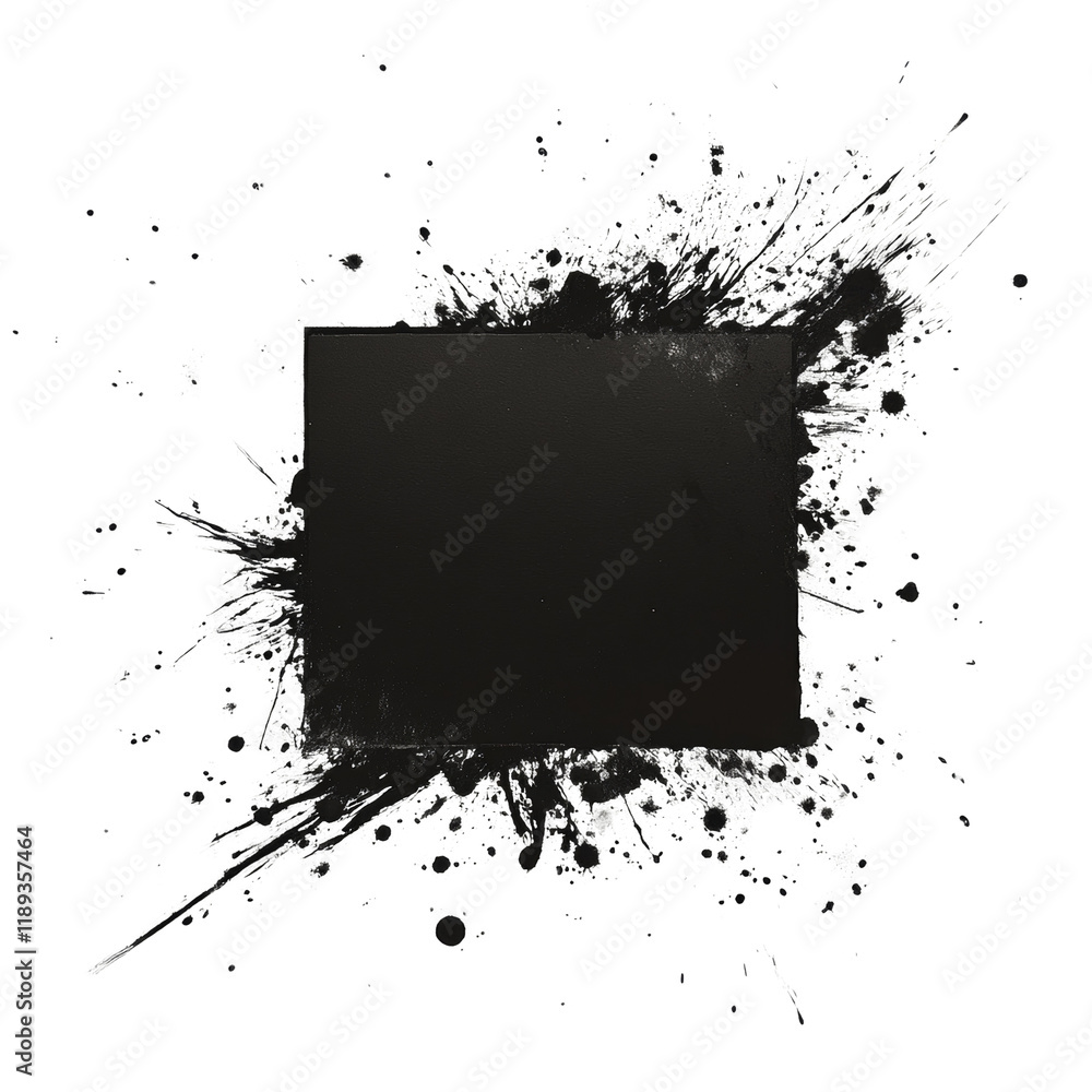 Poster a black square is centrally positioned within a chaotic arrangement of white ink splashes and splatt
