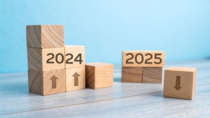 2025 Happy New Year. Wooden cube block change from 2024 to 2025 on blue. Concept 2025 New Year background. Business, resolutions, goals, inspiration, success, ideas