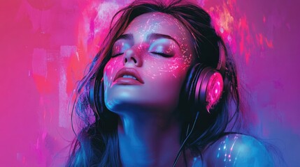 Fototapeta premium A woman with headphones immersed in vibrant colors and light effects.