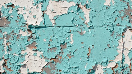 Obraz premium Vintage wooden door with peeling turquoise and white paint layers exposing raw wood underneath