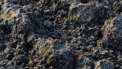Fototapeta premium Porous volcanic rock with jagged edges tiny craters dark gray charcoal black and deep brown shades