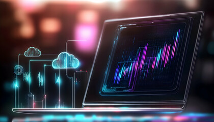 Laptop displaying financial data charts, cloud computing icons, and city background; ideal for finance, technology, or business websites