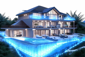 Luxurious hillside villa with infinity pool, nighttime view, tropical setting; ideal for real estate marketing