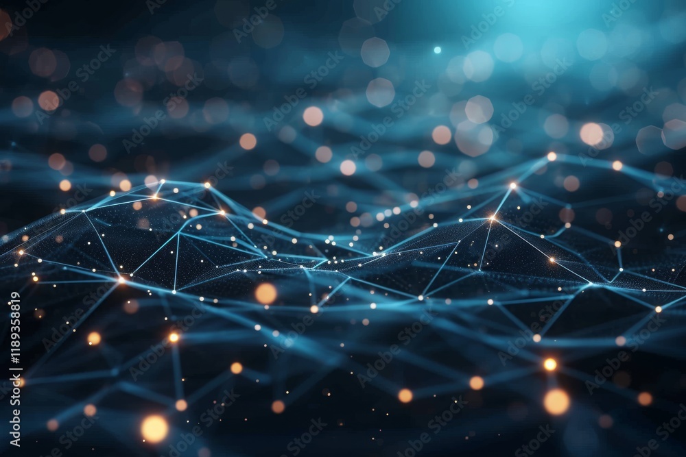 Poster exploring the intricate network of abstract digital connections represented by luminous dots and lin