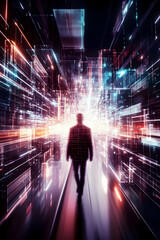 Fototapeta premium Man walking into glowing digital city, future technology, innovation, progress