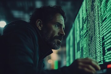 Cybersecurity Professional Analyzing Data on Multiple Monitors in a Dark Room