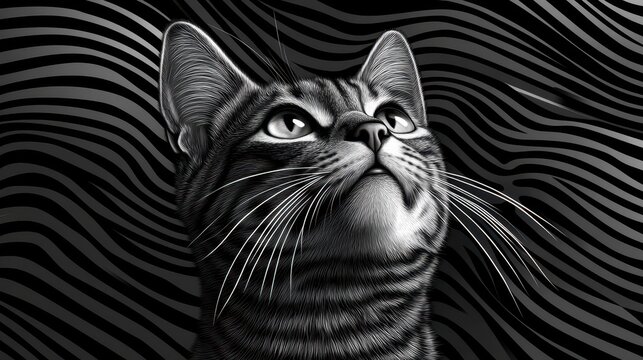 A stylized black and white illustration of a cat gazing upwards.