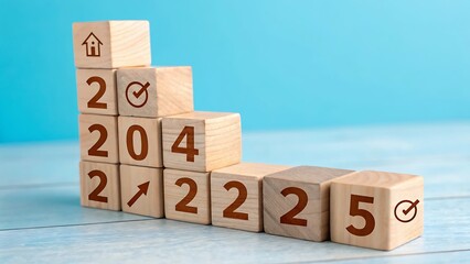 2025 Happy New Year. Wooden cube block change from 2024 to 2025 on blue. Concept 2025 New Year background. Business, resolutions, goals, inspiration, success, ideas