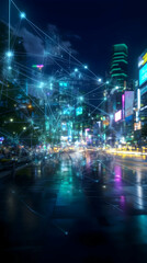 Obraz premium Night city cityscape, digital network connections, traffic, blurred background, website banner