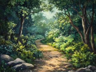 Obraz premium a winding path through a lush green forest