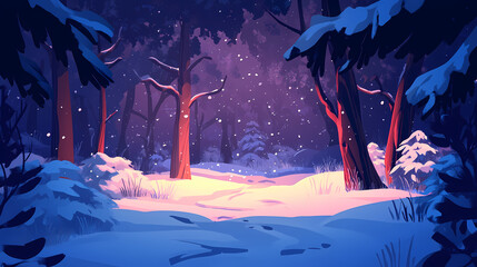 Snowy winter forest at dusk with trees and soft snowfall, serene winter scene. Duskfall. Illustration