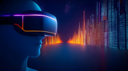 Person exploring futuristic cityscape in VR headset; vibrant neon lights, potential use for tech or metaverse articles