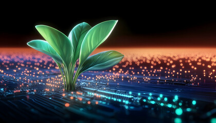 Obraz premium Plant Sprouting from Circuit Board; Technological Growth; Futuristic Background; Sustainable Technology Concept