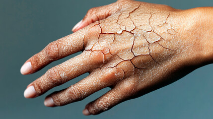 Fototapeta premium Dry and Cracked Skin with Peeling and Redness on a Hand Resting on Gray Surface