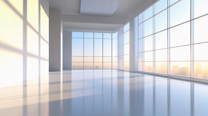 Modern Office Space with Panoramic View: Sunlight streams into a spacious, minimalist office featuring expansive windows offering a breathtaking panoramic city view at sunset.